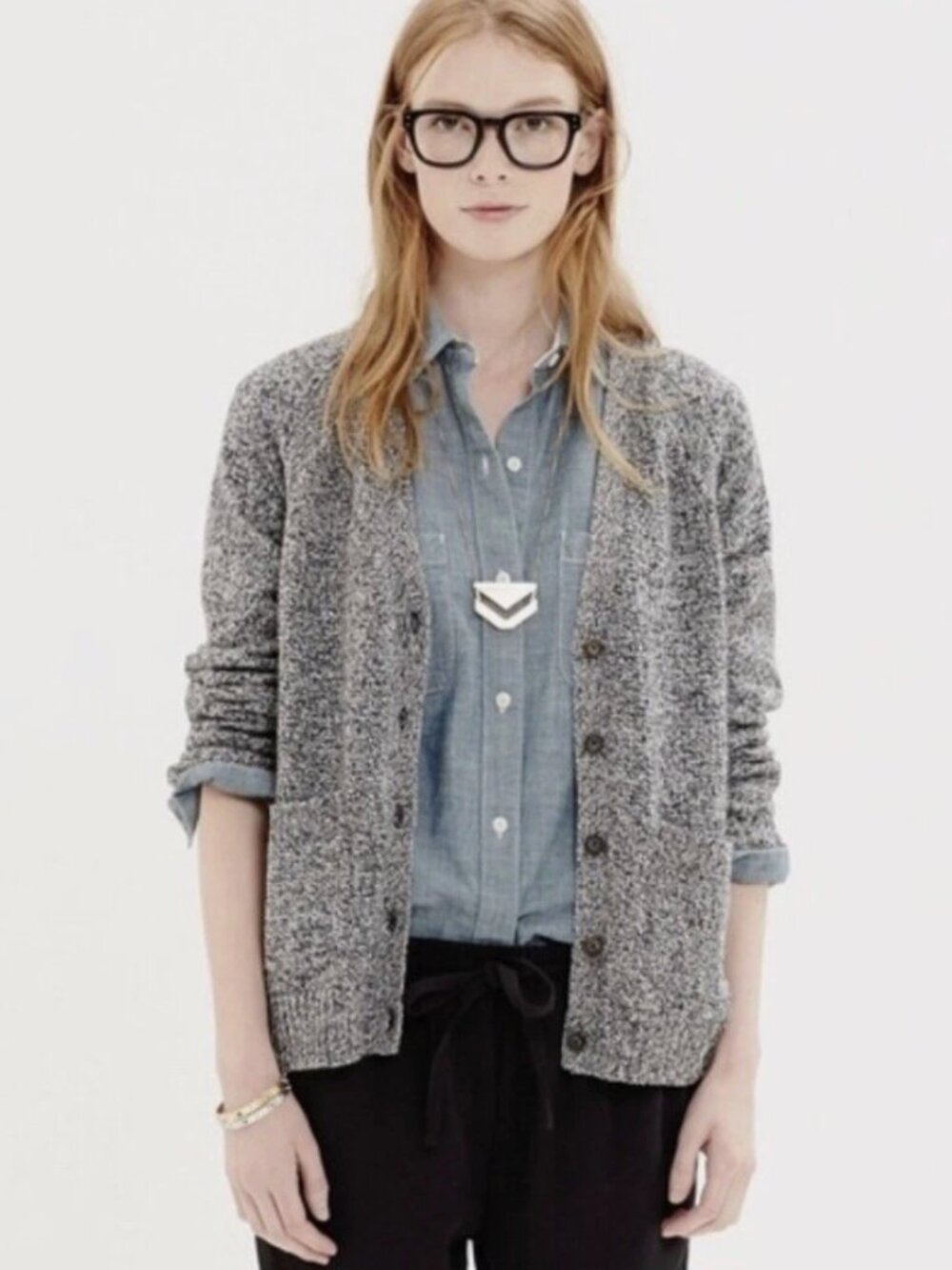 Madewell Texturework Cardigan Sweater Black White Marled Knit Gray, L